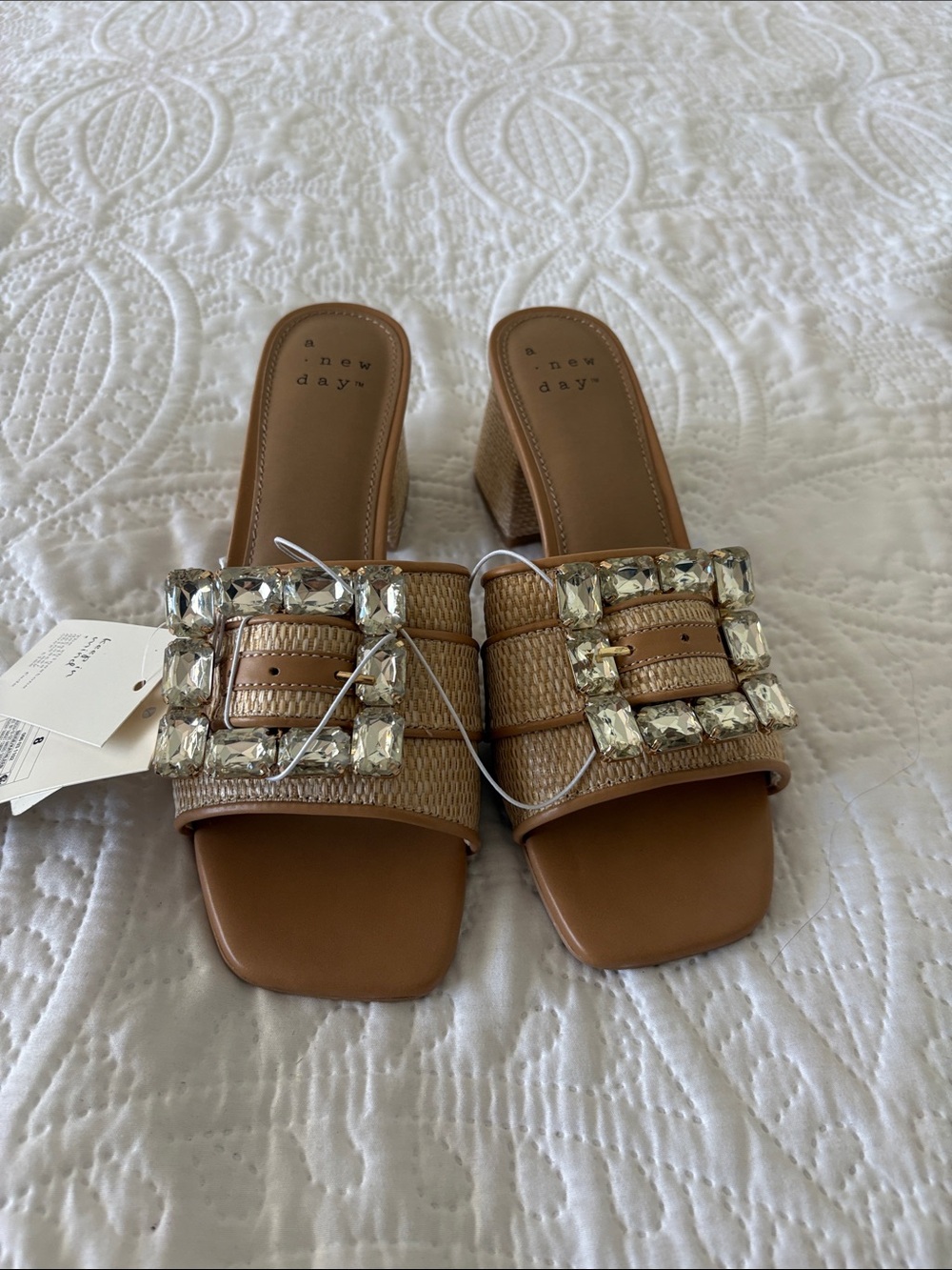 a new day Tan Jeweled Buckle Slide Mules NWT